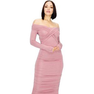 BEAUTIFUL MAUVE, RUFFLED SIDE, STRTECH, OFF THE SHOULDER MIDI DRESS (SIZES S-L)